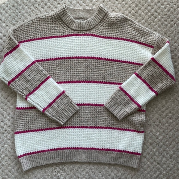 AEO Dreamspun Pink Cream Tan Oversized Stripe Sweater XS - Picture 2 of 6
